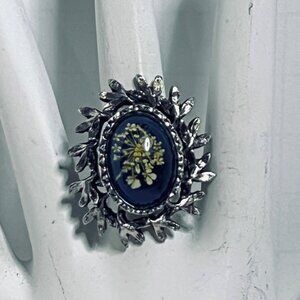 Silver Tone And Blue Lucite Floral Adjustable Ring (R464)